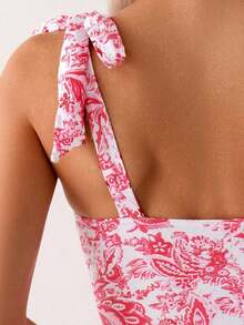 Swim Basics 1 pieza Traje de baño de una sola pieza con estampado sólido y floral y tirantes de espagueti anudados para mujer - Rosa - Ver 3