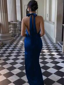 Nuevo vestido elegante de fiesta de cola de sirena con cintura alta plisada, sin mangas, color verde militar sólido, adecuado para boda, fiesta, cita, Día de San Valentín, primavera - azul real - Ver 2
