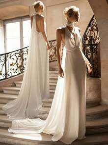 Nuevo elegante vestido de satén de cola de sirena con escote en V profundo, tirantes finos y cintura alta, sin espalda, adecuado para bodas, fiestas, recepciones, San Valentín y otras ocasiones de primavera - Blanco - Ver 2