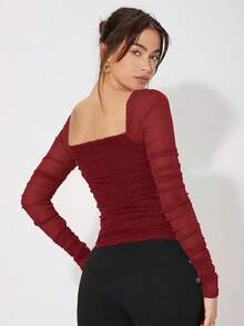 Camisa De Malla Plisada Con Cuello Brillante - Burdeos - Ver 2