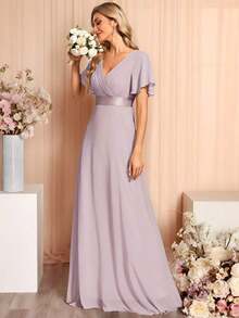 Vestido de dama de honor con cuello en V elegante, mangas con volantes y mariposa, color verde salvia, vestido de invitada de boda, vestido de primavera semi-formal para boda, fiesta de cumpleaños, graduación, Día de San Valentín - Púrpura malva - Ver 9