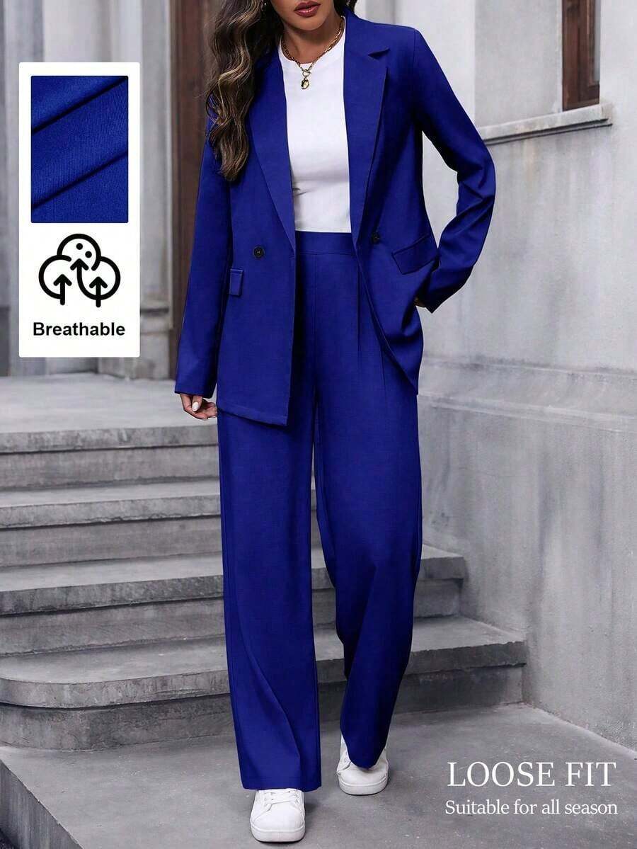 Conjunto de traje informal de mujer con solapa, manga larga y holgado - azul real - Ver 1