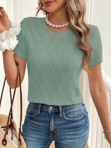 de mujer de manga corta, de cuello redondo, con bordado calado, de unicolor simple, para el verano - verde menta - Ver 5