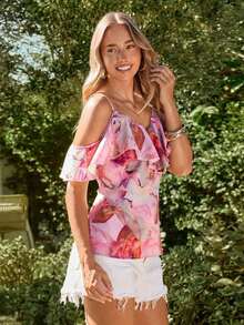 Blusa casual de verano con estampado floral y volantes en el bajo - Rosa - Ver 3