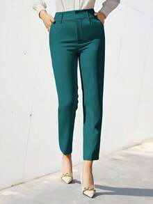 Pantalones de traje sólidos y simples para uso diario de mujer - Verde Oscuro - Ver 6