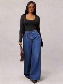 Pantalones anchos de pierna ancha minimalistas y elegantes para mujer, aptos para ir al trabajo, pantalones anchos de pierna ancha blancos, pantalones anchos de cintura alta, pantalones de traje blancos, para otoño e invierno. - Azul lavado medio - Ver 3