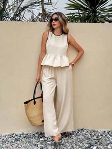 Frenchy Set de 2 piezas de Top sin mangas con cuello redondo y volantes en el dobladillo y pantalones para mujer, ideal para verano - Albaricoque - Ver 8