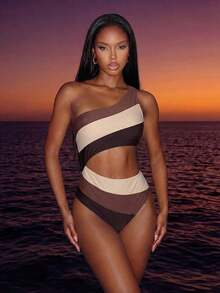 Traje de baño de una pieza con bloque de color y un solo hombro para mujer, ideal para nadar, vacaciones y playa en verano - Multicolor 5 - Ver 2