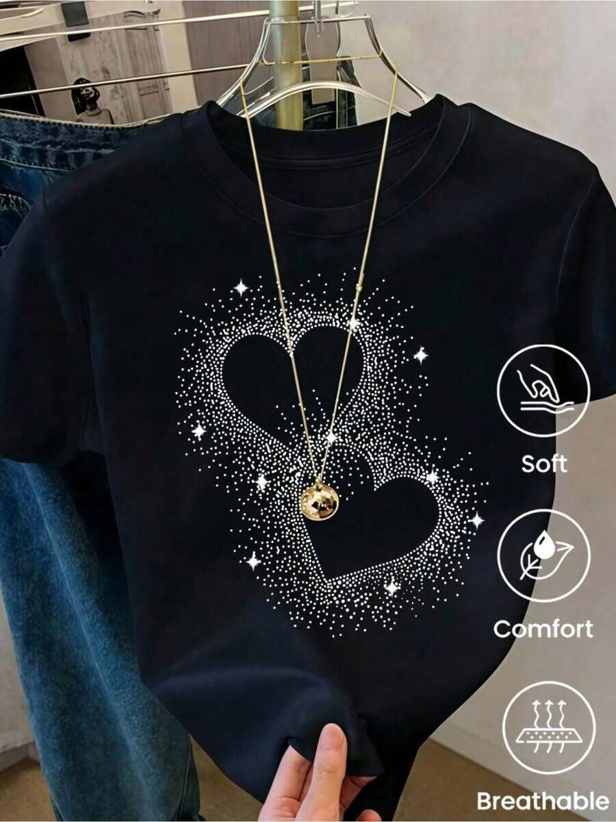 puntos tipo diamante, playera manga corta cuello redondo top casual verano - Negro - Ver 1