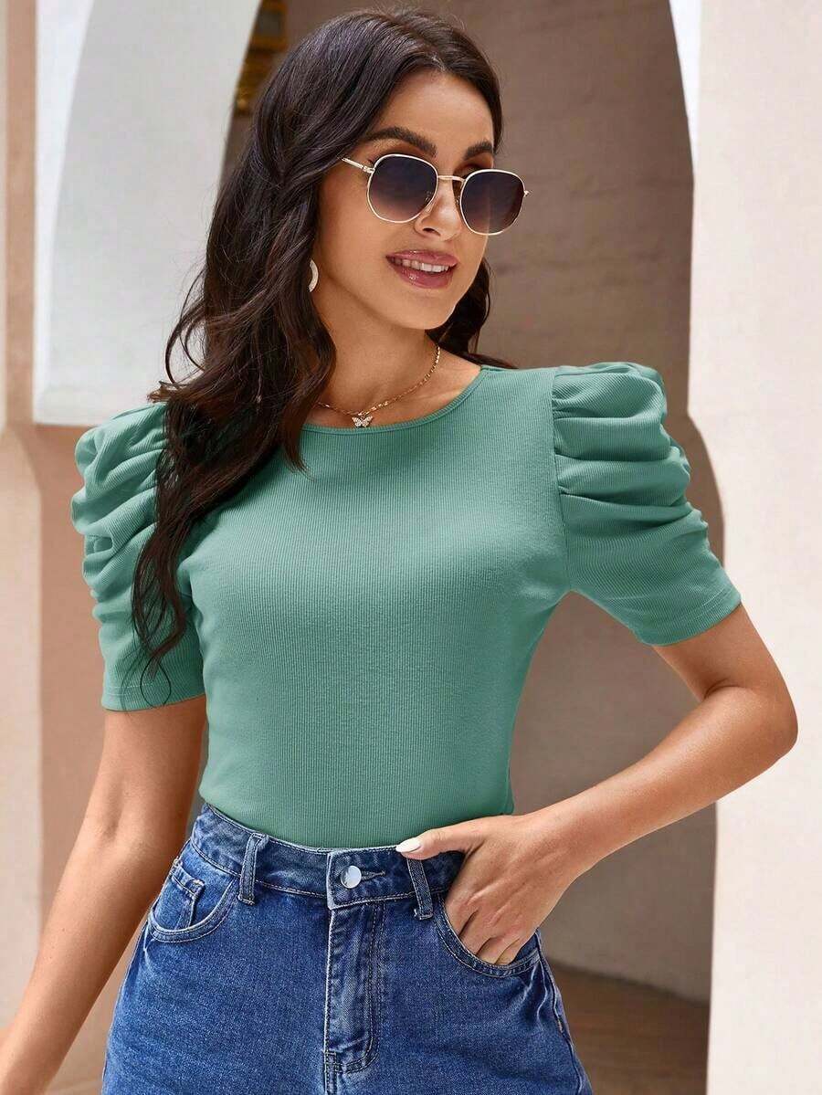 Clasi Camiseta Negra Con Mangas Abullonadas De Punto De Canalé - verde menta - Ver 1