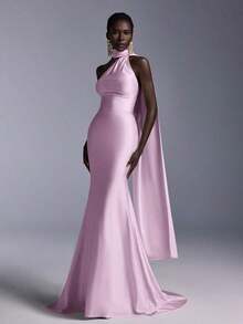 Vestido largo de sirena con espalda abierta y ajustado, de estilo minimalista, adecuado para asistir a fiestas formales, reuniones y galas formales de damas - Rosa Pálido - Ver 6