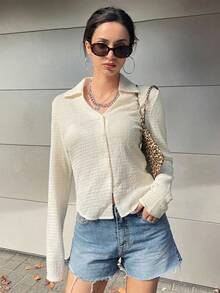 Camisa con botones delanteros sólidos, blusas de manga larga, ropa de otoño, blusas con estilo preppy - Beis - Ver 8
