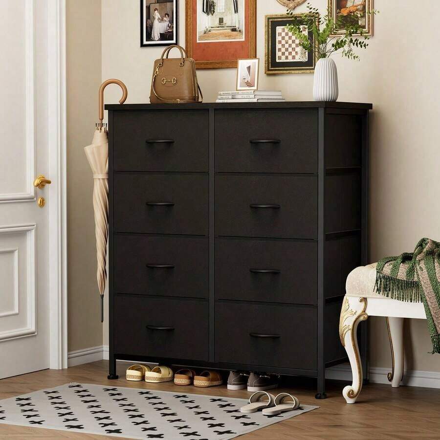 Sweetcrispy Dresser For Bedroom With 8 Drawers Tall Dresser & Chest Of Drawers Fabric Dresser With Wood Top And Sturdy Steel Frame - 黑色 - 查看 1