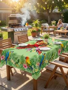 1pc Tropical Rainforest Parrot Print Rectangular Tablecloth, Bright Green Bird & Floral Pattern, Outdoor Picnic Camping Decor, Summer Party Stain-Resistant Home Dining Table Mat - Green - View 4