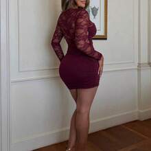Women's Autumn/Winter New Arrival Mini Dress, Long Sleeve Dress, Wine Red Lace Patchwork Vintage Romantic Sexy Elegant Lady Dress,Dresses For Women Elegant,Black Dress Black See Through Dress Black Sexy Dress Women Women's Dress Dresses For Women Elegant Dresses For Women - Burdeos - Ver 3