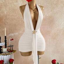 Party Dresses For Women Summer Outfits Red Dresses For Women Carnival Women Valentine Outfits For Women Ruffle Trim Backless Tie Neck Bodycon Mini Dress For Women - Blanco - Ver 1