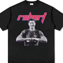 Camiseta Y2K de algodón puro con estampado de Robert Lewandowski para hombre y mujer, pantalón corto informal a la moda deportiva de verano, camisa de manga corta, novedad de 2026 - Negro - Ver 1