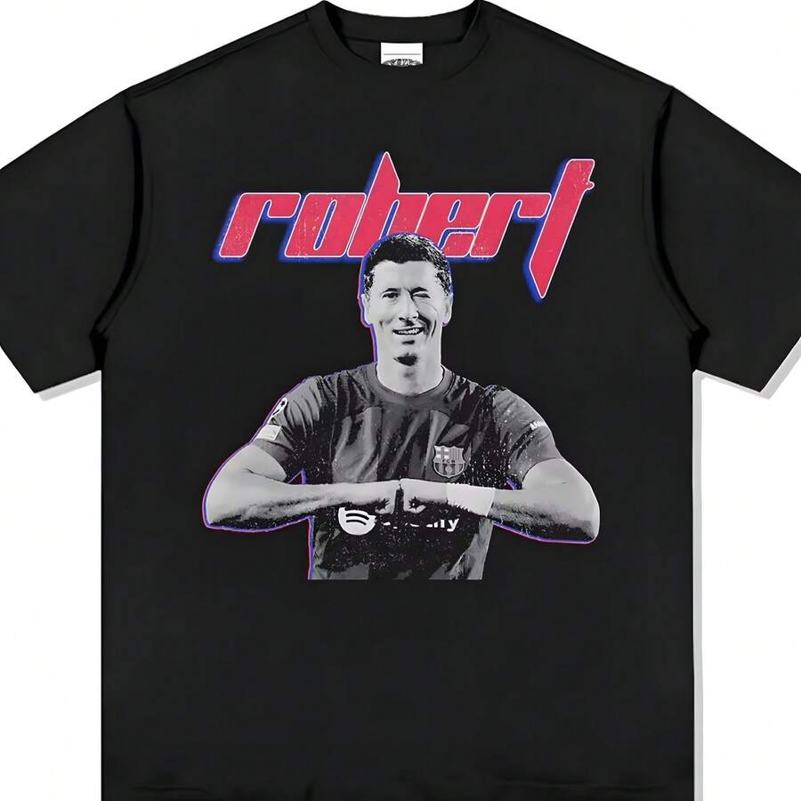 Camiseta Y2K de algodón puro con estampado de Robert Lewandowski para hombre y mujer, pantalón corto informal a la moda deportiva de verano, camisa de manga corta, novedad de 2026 - Negro - Ver 1