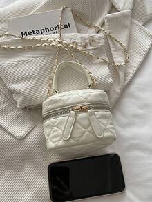 Bolso mini cuadrado con cadena de rombos negra, bolso versátil de maquillaje cruzado, bolso de mano para ir al trabajo con dije de corazón - Blanco - Ver 6
