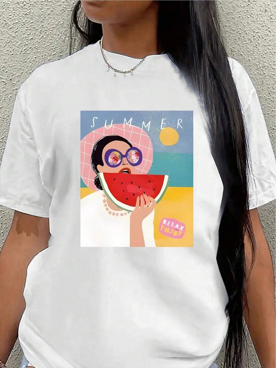 Lightweight And Breathable Short-Sleeved T-Shirt With A Summery Watermelon Design, Perfect For Beach Leisure Or Outdoor Gatherings. The White Version Is Comfortable And Fitted, Making It The Ideal Choice For Everyday Wear. - 白色 - 查看 1