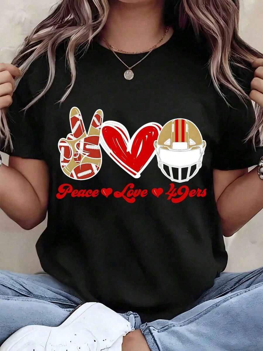 Women's T-Shirt With American Football Helmet Print, Heart And Peace And Love, Round Neck, Casual Style, Gift For American Football Fans, 220g, Loose Fit Blouse - 黑色 - 查看 1
