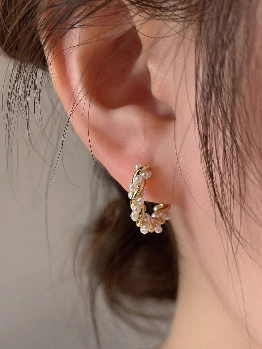 1 Pair Faux Pearl Hoop Earrings, Luxury Elegant Clip-On Earrings, Versatile Accessories For Women - Gold - View 1