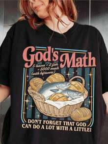 1 pieza de camiseta vintage de los 90s Y2K para mujer - Camiseta de manga corta con cuello redondo 100% suave con estampado "God's Math" para amantes cristianos, camiseta basada en la fe "Pan y Peces", "Dios puede hacer mucho con poco", ropa religiosa, camiseta casual de manga corta con cuello redondo para primavera y verano, ropa de mujer - Ajuste cómodo para todas las estaciones, tallas S-2XL, 180g, 100% algodón, todos los diseños están impresos. Unisexo. - Estilo-1 - Ver 7