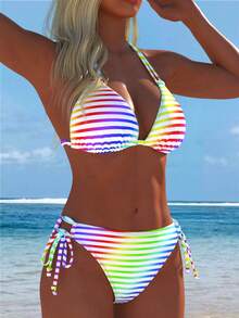 Women's Colorful Halter Bikini Set With Rainbow Stripes Swimsuit For Beach New Arrival Festival Summer Holiday Outfits Sexy Two Pieces Vacation - Multicolor - View 5