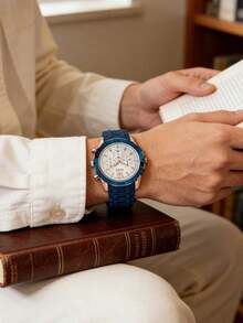 Guess Sports Style Men's Quartz Watch, Caliber Series 46mm Large Dial, Rose Gold Stainless Steel Case With Blue Silicone Strap, White Sunray Dial Three-Eye Chronograph Design, Date Display Scratch-Resistant Mineral Crystal, Versatile For Business Commute, Sports Fitness, Outdoor Travel, Casual Gatherings, High-End Gift For Boyfriend, Husband, Brother On Birthday, Anniversary, Father's Day, Holidays, W0864G5. - Beige - View 3