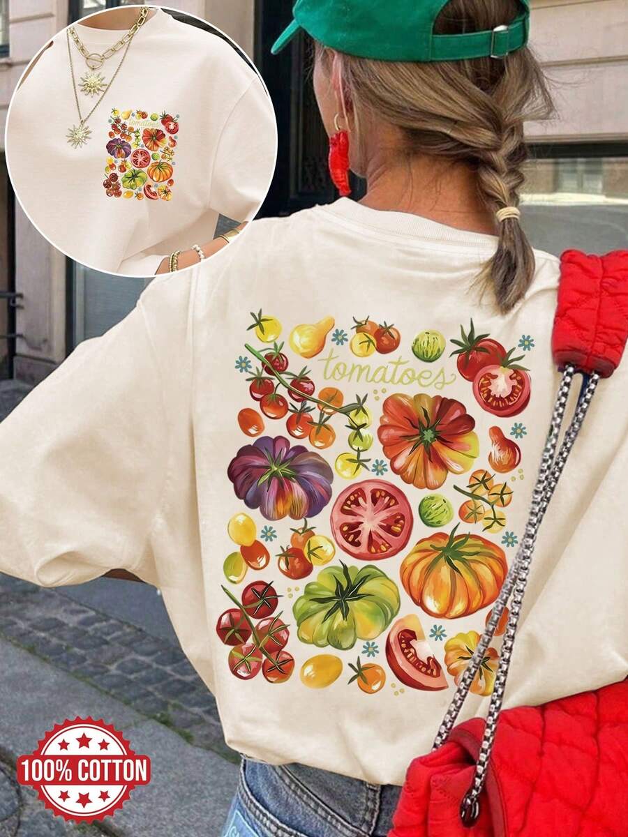 Women's Spring/Summer Clothing, Double-Sided Print, Watercolor Style, Tomato And Small Flower Design, Versatile Off-Shoulder Loose Fit Short-Sleeve T-Shirt, Quan Kwinter Women's Clothing. - 杏色 - 查看 1