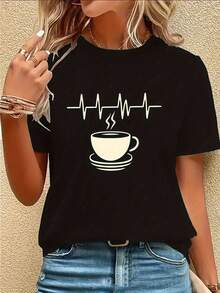 Cozy Comfy Lounge Casual Summer Short Sleeve T-Shirt With Simple Coffee Print, Round Neck, Machine Washable, Comfortable For All Seasons, Women's T-Shirt, Comfortable Clothing, Fun Design, Opaque, Modern Top For Daily Wear, Breathable, Basic Style, New Summer Fashion For Women, Holiday Gift, Soft And Relaxed Home Wear. - 黑色 - 查看 1