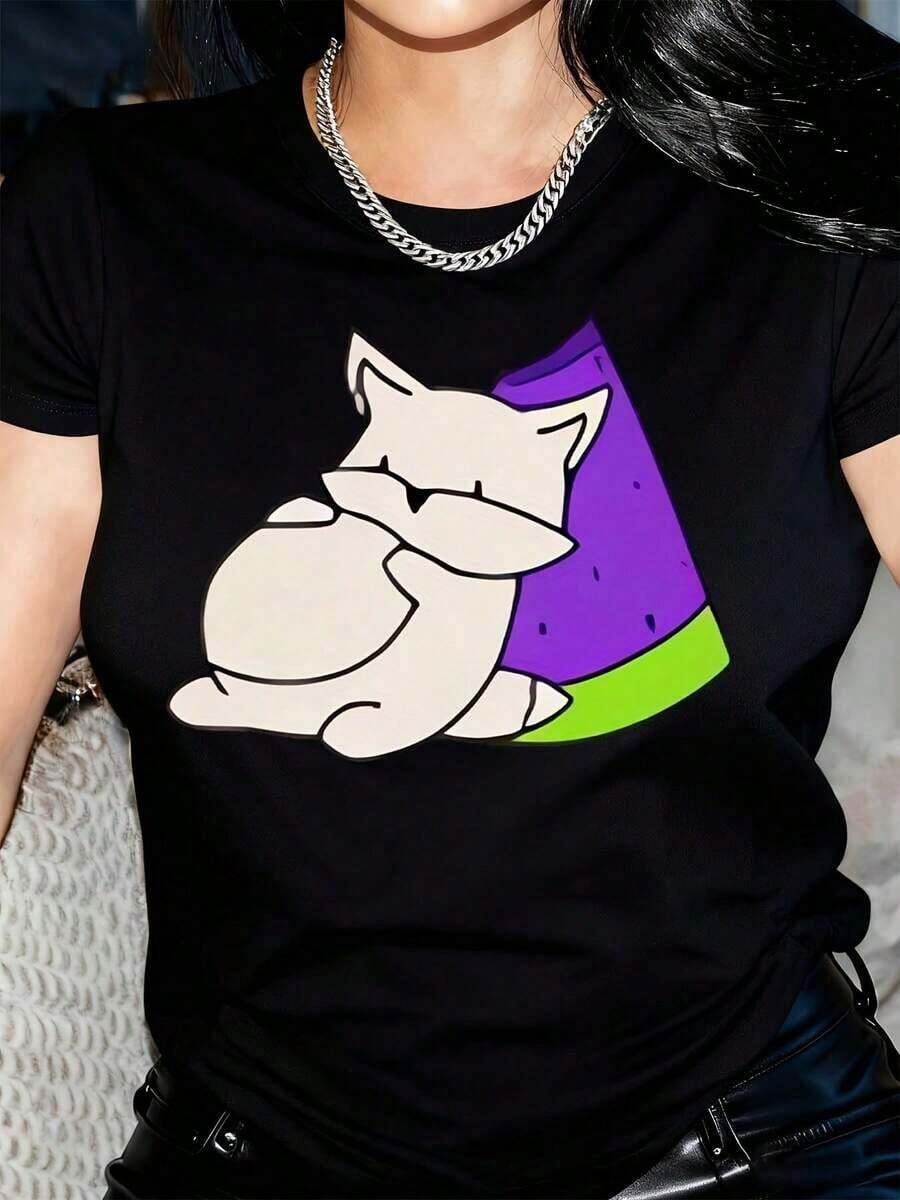 Under The Radar Women's Casual Short Sleeve T-Shirt With Cartoon Cat Print, Crew Neck, Machine Washable, All Season Comfort, White With Purple And Green Details, Fun Design, Comfortable Fit - Vintage Urban Style, Unisex Loose Fit Cotton Short Sleeve Crew Neck T-Shirt - 黑色 - 查看 1