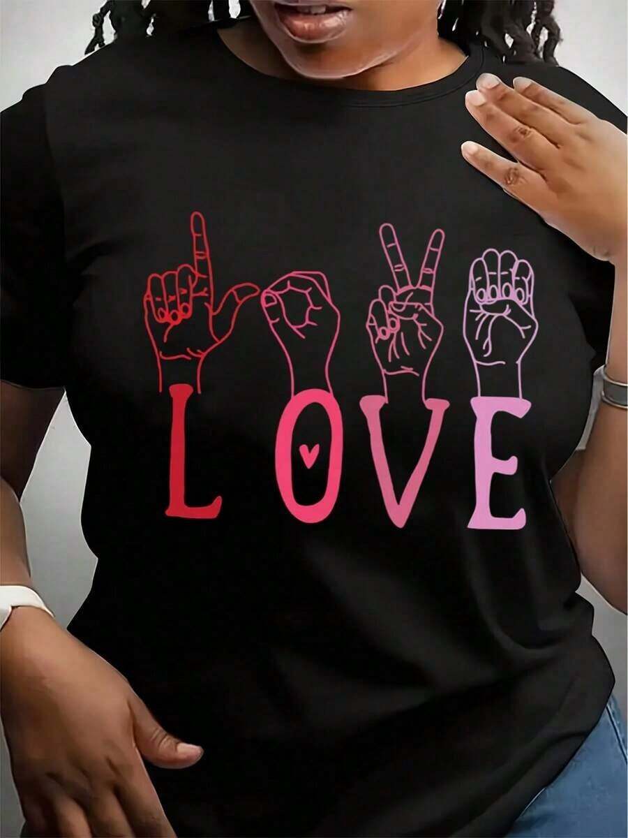 Suave, transpirable y ligera para comodidad durante todo el día. Camiseta de San Valentín con diseño de lenguaje de señas ASL. Cuello redondo clásico con un corte relajado que favorece todas las formas del cuerpo y es fácil de combinar con jeans, pantalones cortos y leggings. - Negro - Ver 1