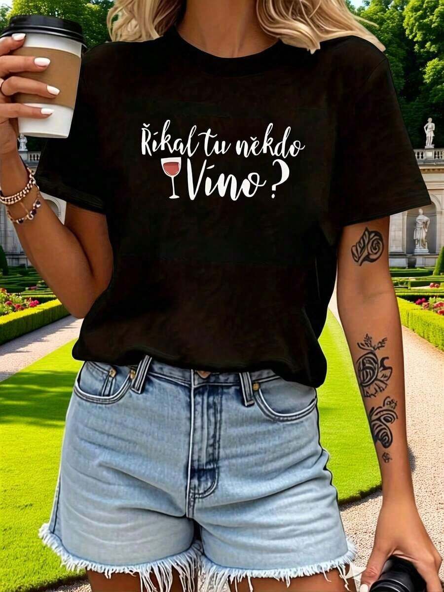 New 2026 Collection Cotton T-Shirt Did Someone Say Wine? Women's Crew Neck T-Shirt With Fun Letter Print And Wine Glass Elements For Spring And Summer - màu đen - Xem 1