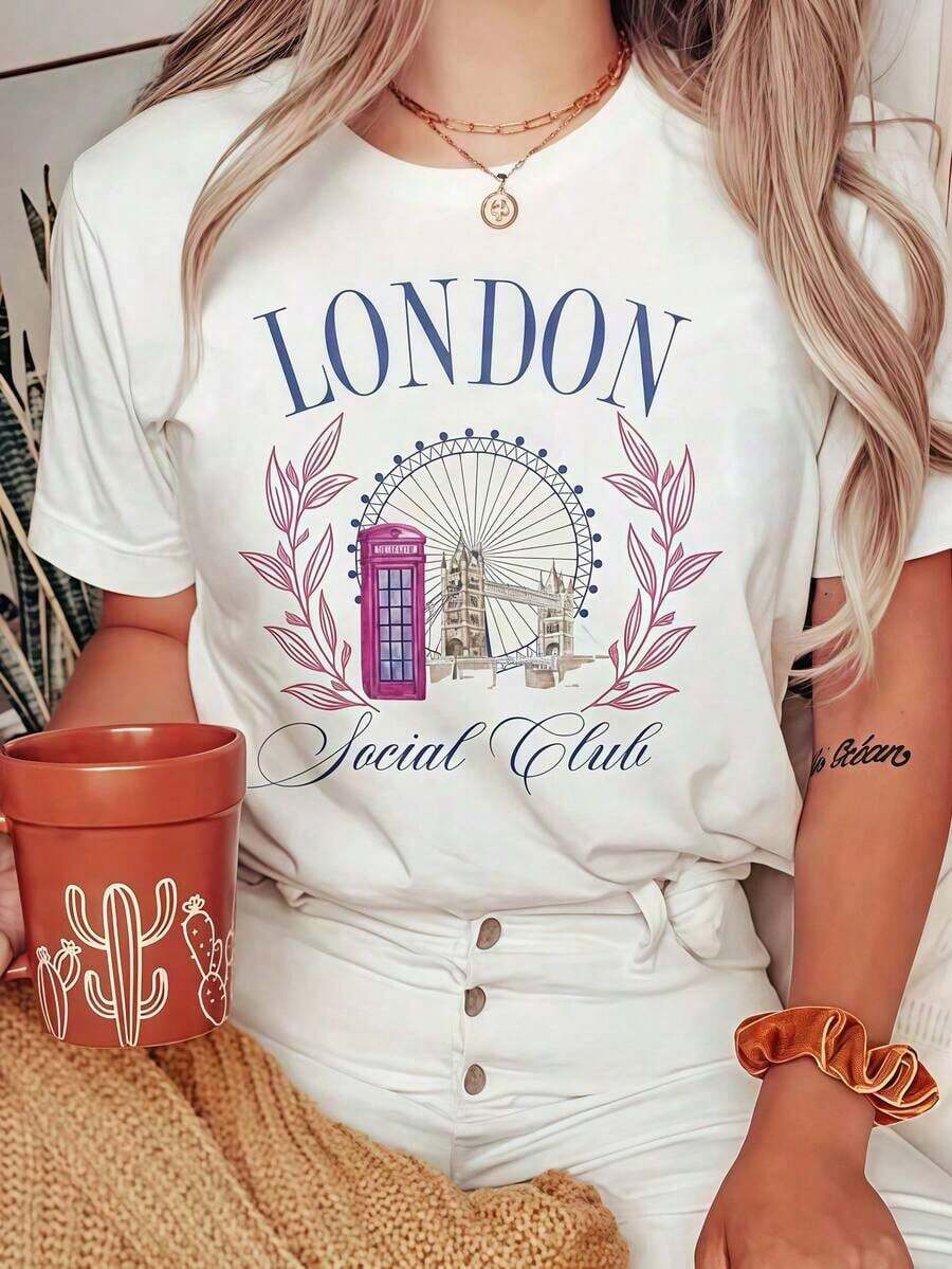 Camiseta de Mujer con Estampado del London Social Club, Moda Casual de Verano, Cuello Redondo, Diseño Acuarela de los 90, Manga Corta, Estampado, Ropa de Verano para Mujer, Camiseta Oversize - Blanco - Ver 1
