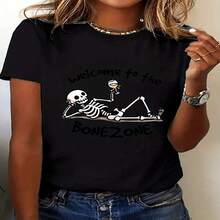 Women's Black Skeleton Print Short Sleeve T-Shirt 'Welcome To The Bonezone' Casual Cotton Round Neck Tee Top With High Stretch Fabric For Sexy And Elegant Style - 黑色 - 查看 1