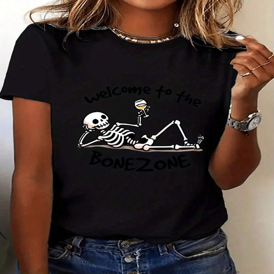 Women's Black Skeleton Print Short Sleeve T-Shirt 'Welcome To The Bonezone' Casual Cotton Round Neck Tee Top With High Stretch Fabric For Sexy And Elegant Style - 黑色 - 查看 1