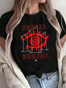 Women's Blouses Official Black "FUERZA REGIDA" T-Shirt With 111 And Eye Print, Gothic Style Mexican Regional Band T-Shirt, Oversized Loose Fan Blouse, Music Clothing For Women () - 黑色 - 查看 8