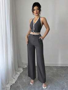 Set de 2 piezas para mujer: Top halter de cuello con recorte de contraste y espalda descubierta, y pantalones con bolsillo - Gris Oscuro - Ver 7