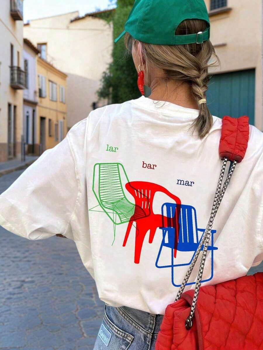 Nueva Colección de Verano: Camiseta Minimalista de Moda con Estampado de Silla de Plástico Eames de Tres Colores y Reposabrazos Altos, Cuello Redondo, Manga Corta, Casual, Versátil y Adecuada para Mujeres, Estilo Urbano Vintage, Unisex, de Algodón, Holgada, de Manga Corta y Cuello Redondo, blusas para mujer. blusas.blusas casuales para dama. - Blanco - Ver 1