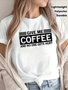 FashionNEW Short-Sleeved T-Shirt With "Give Me Coffee And No One Will Get Hurt" Print, Casual Wear For Home, Coffee Shop Or Office, Lightweight And Durable Design, Perfect For Everyday Comfort And A Fun And Eye-Catching Look - Unisex Loose Cotton Short-Sleeved Crew Neck T-Shirt, Urban Vintage Style. - 白色 - 查看 7