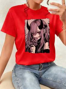Illustration Of A Girl With Dark Horns, A Deep Gaze, And Flowers In Her Hands, Symbolizing The Blend Of Beauty And Mystery, The Duality Of The Soul And Inner Nature. Women's T-Shirt, 100% Soft, Comfortable, And Fashionable Cotton. Comfortable Clothing. - 紅色 - 查看 1