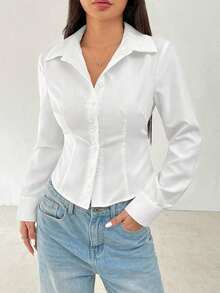 Camisa básica de manga larga informal con cintura recogida - Blanco - Ver 3