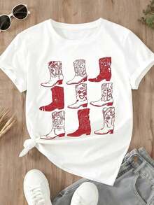 Women's Clothing Cowboy Boot Print T-Shirt, Red Western Boot Design, Casual Women's Clothing, Outdoor Style, Fashion Top, Summer Set, Women's Shirts - 白色 - 查看 2