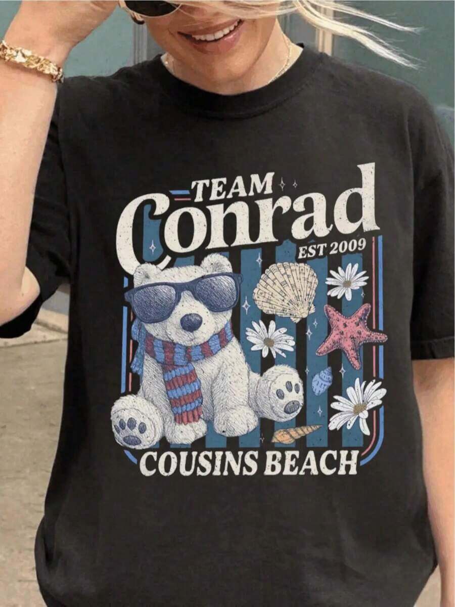 Premium 100% Cotton T-Shirt, Cousin's Beach T-Shirt, Summer Beach Top, Summer Beach T-Shirt, Women's T-Shirts - 黑色 - 查看 1