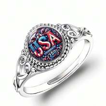 USA 250th Anniversary Round Statement Ring, Patriotic Red White Blue Print, Silver Plated Vintage Filigree Jewelry, 4th Of July Outfit Accessory For Women, Daily Wear & Gift - 銀色 - 查看 1