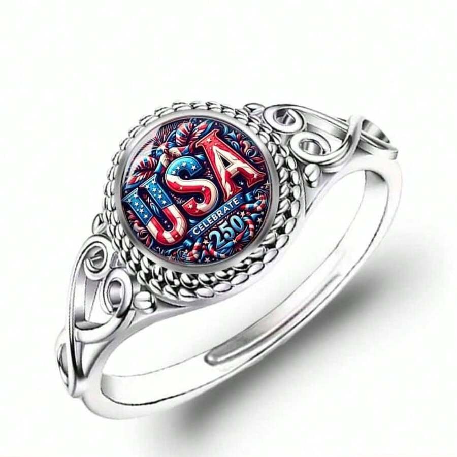 USA 250th Anniversary Round Statement Ring, Patriotic Red White Blue Print, Silver Plated Vintage Filigree Jewelry, 4th Of July Outfit Accessory For Women, Daily Wear & Gift - 銀色 - 查看 1