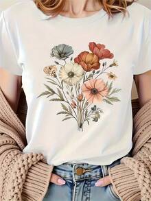 Women's Casual Floral Print T-Shirt - Soft And Stretchy Polyester, Machine Washable, Comfortable For All Seasons, Crew Neck Short Sleeve, Available In Gray/White, Streetwear, Stylish Design, Soft Fabric, Comfortable Fit, Versatile Garment, Modern Fashion, Printed Shirt, Adult - 白色 - 查看 1