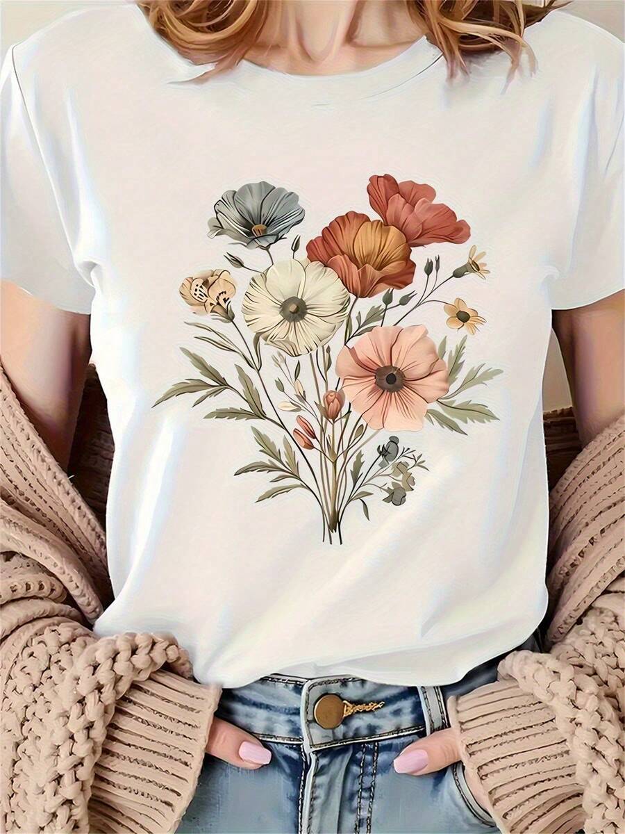 Women's Casual Floral Print T-Shirt - Soft And Stretchy Polyester, Machine Washable, Comfortable For All Seasons, Crew Neck Short Sleeve, Available In Gray/White, Streetwear, Stylish Design, Soft Fabric, Comfortable Fit, Versatile Garment, Modern Fashion, Printed Shirt, Adult - 白色 - 查看 1