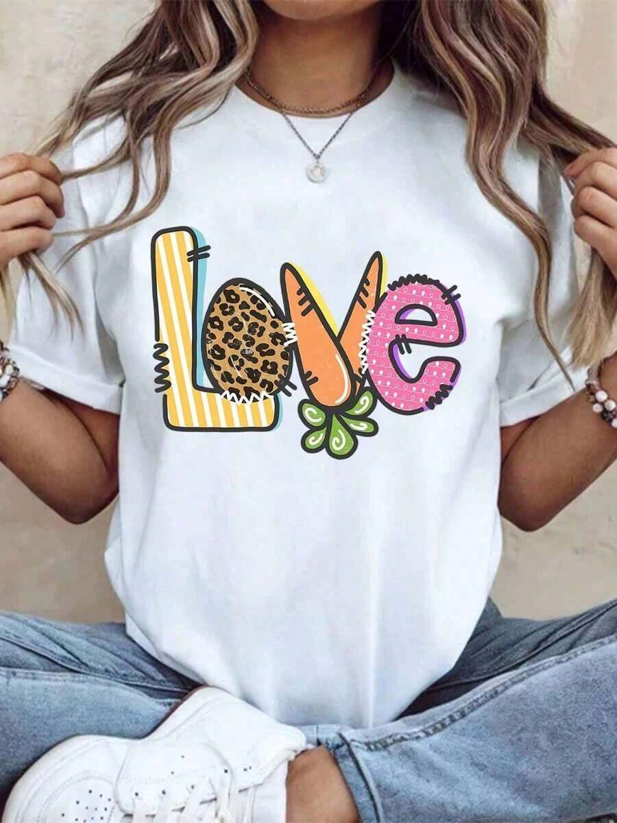 Women's Cotton T-Shirts With A "Love Letter" Graphic Design, Featuring A Colorful And Cute Pattern, Perfect For Summer Casual Wear, A Great Gift For Valentine's Day Or Birthdays, And As Basic Women's Blouses. - 白色 - 查看 1